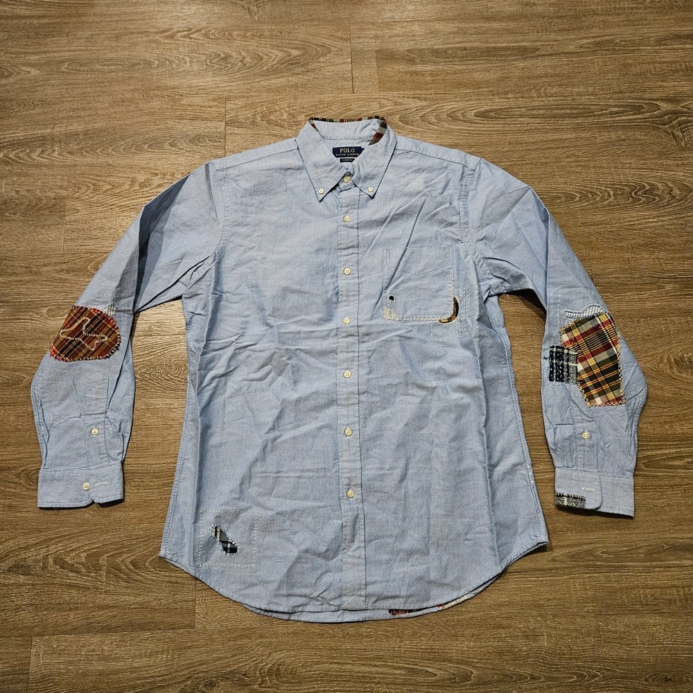 Polo Ralph Lauren Mens L Patchwork Distressed Oxford Shirt‎ Classic Fit NWOT